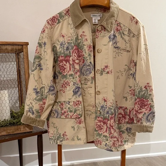 Vintage 1990s Coldwater Creek Floral Barn Chore Jacket with Corduroy Detail - Picture 1 of 6
